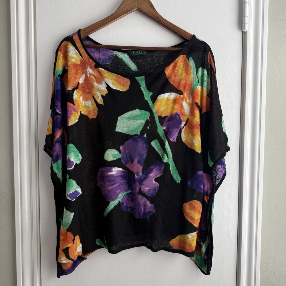 Ralph Lauren‎ Womens Multicolor Floral Poncho Shrug Blouse Tunic 100% Linen Boxy